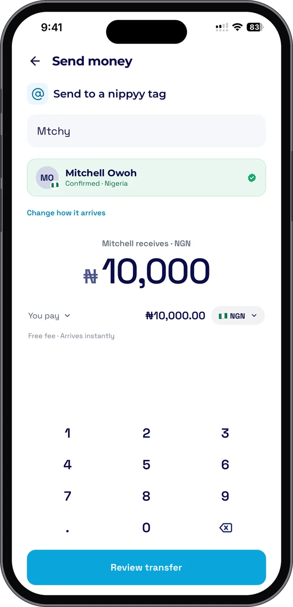 The Nippyy app: sending 10,000 naira to a confirmed nippyy tag, fee free