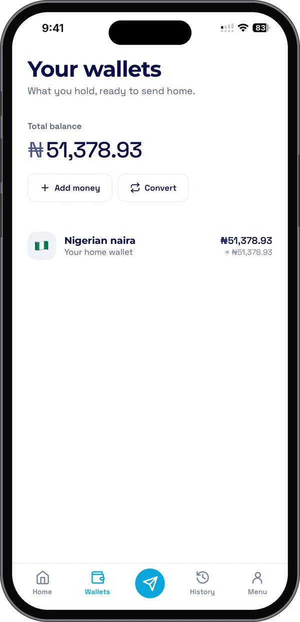 The Nippyy app: a naira wallet balance with add money and convert actions