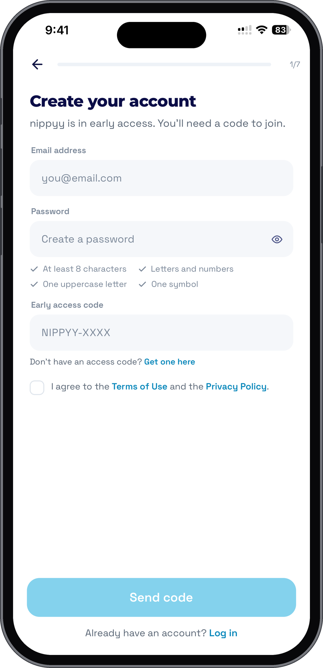 The Nippyy app: creating an account with an early access code